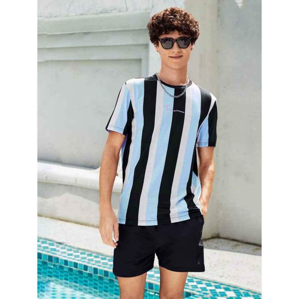 Men Letter Graphic Striped Colorblock Tee