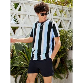 Men Letter Graphic Striped Colorblock Tee