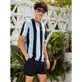 Men Letter Graphic Striped Colorblock Tee