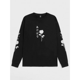 Men Japanese Letter & Floral Print Tee