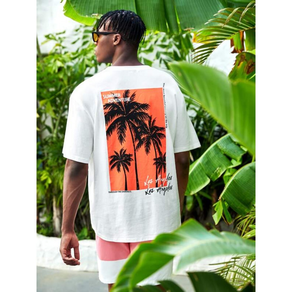 Men Slogan & Palm Tree Print Tee