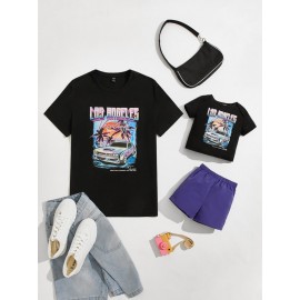 Men Letter & Tropical Print Tee