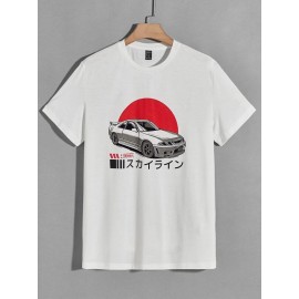 Men Car & Japanese Letter Graphic Tee