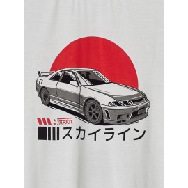 Men Car & Japanese Letter Graphic Tee